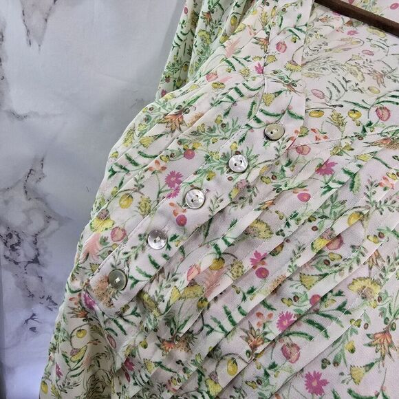 Rose + Olive Shirt Womens 1X White Green Pink Blouse Popover Flowy Ditzy Floral - Picture 8 of 12